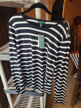 Lauren Ralph Lauren Black White Striped Top Gold Crest Buttons NWT